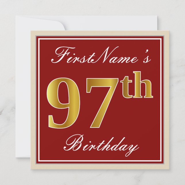 Invitation Elégant, Rouge, Faux Gold 97e anniversaire; Nom pe (Devant)