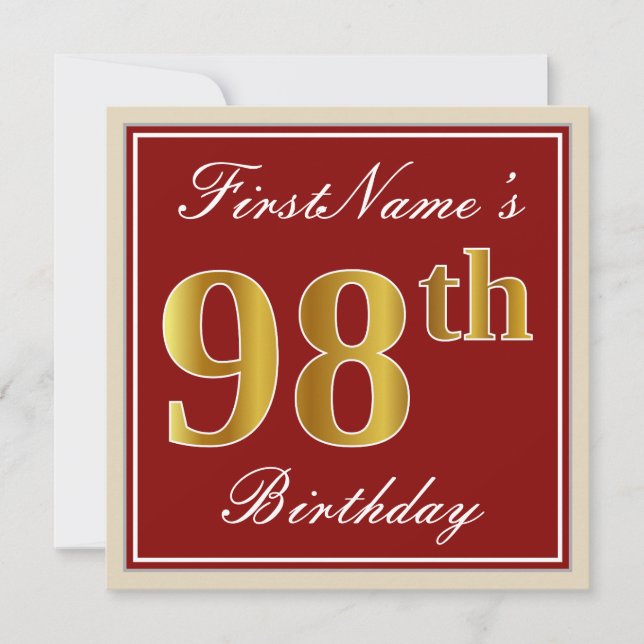 Invitation Elégant, Rouge, Faux Gold 98e anniversaire; Nom pe (Devant)