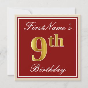 Invitation Elégant, Rouge, Faux Gold 9e anniversaire + Nom pe
