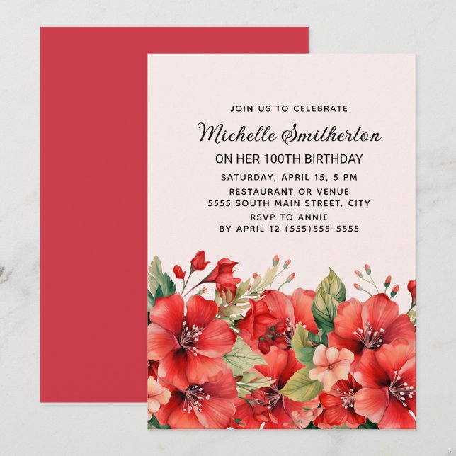 Invitation Elégant rouge floral rose 100e anniversaire (Devant / Derrière)