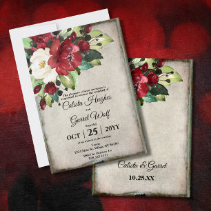Invitation Élégant Rouge foncé Floral Grunge Grey Goth Mariag