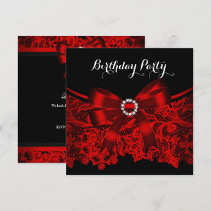 Invitation Elegant Rouge Nœud Noir Dentelle Blanche Fête d'an