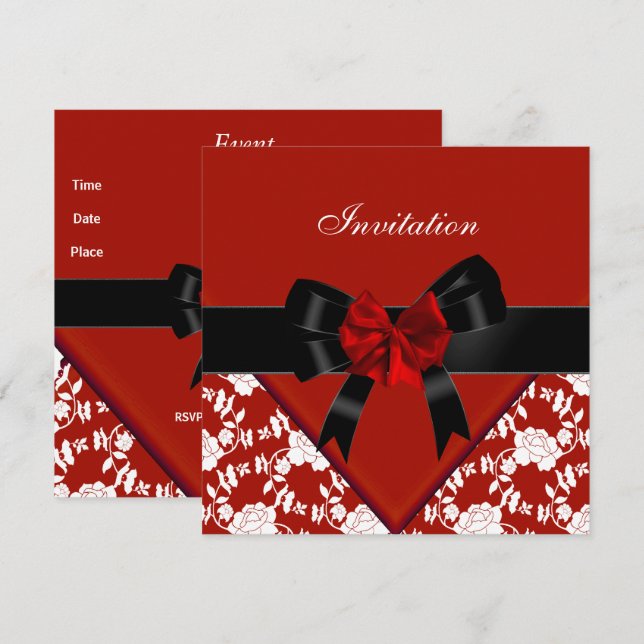 Invitation Elegant Rouge Noir Blanc Floral Bow (Devant / Derrière)