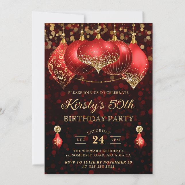 Invitation Elégant Rouge & Or Baubles de Noël 50e anniversair (Devant)