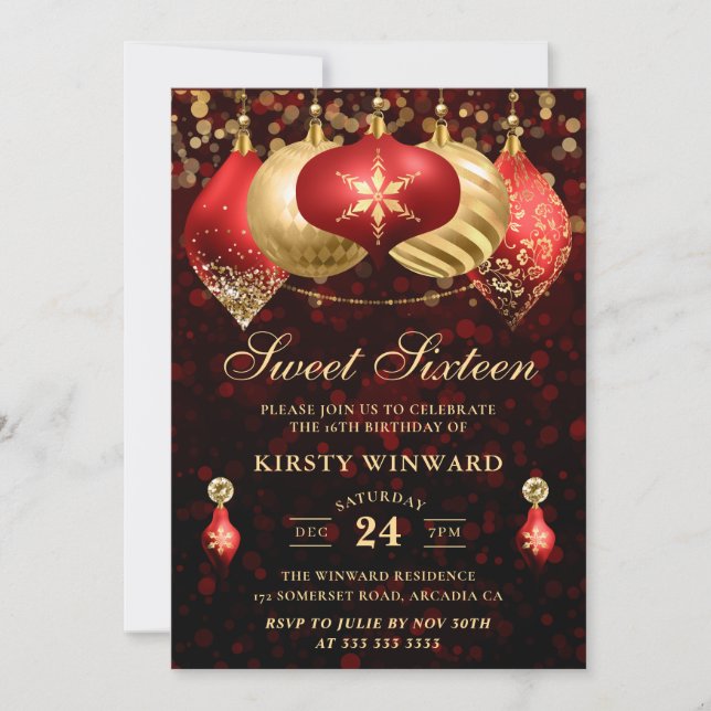 Invitation Élégant Rouge & Or Baubles de Noël Sweet 16 (Devant)