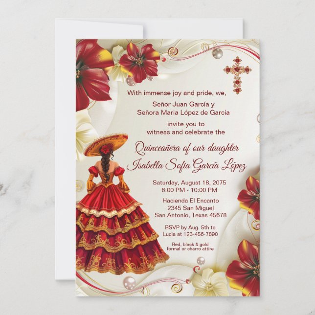 Invitation Élégant Rouge or Floral Charra Quinceanera (Devant)