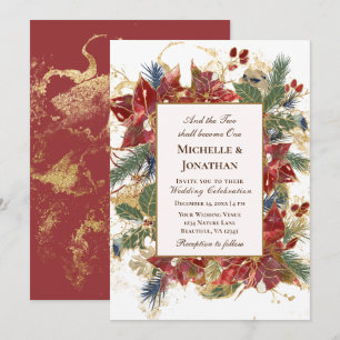 Invitation Élégant rouge or vert Noël Mariage chrétien