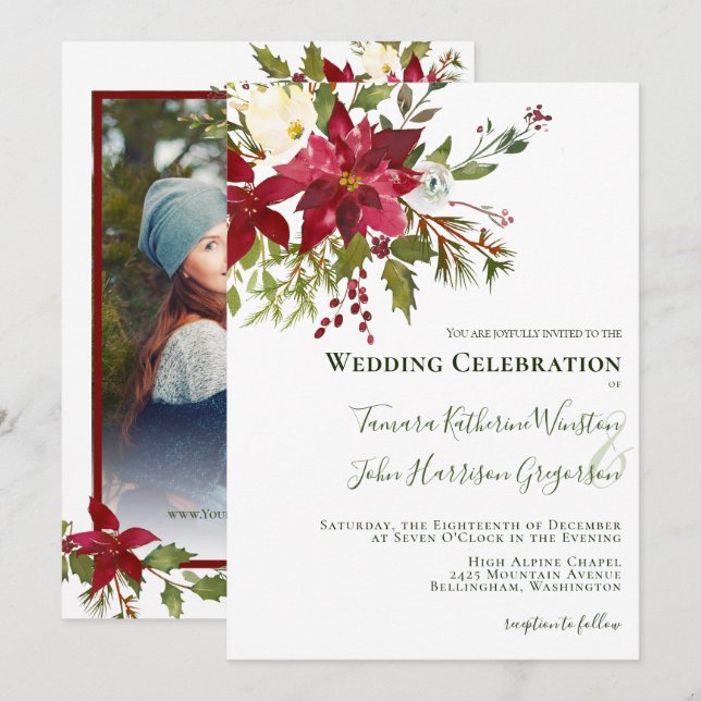 Invitation Élégant Rouge Poinsettia Photo Mariage de Noël (Devant / Derrière)