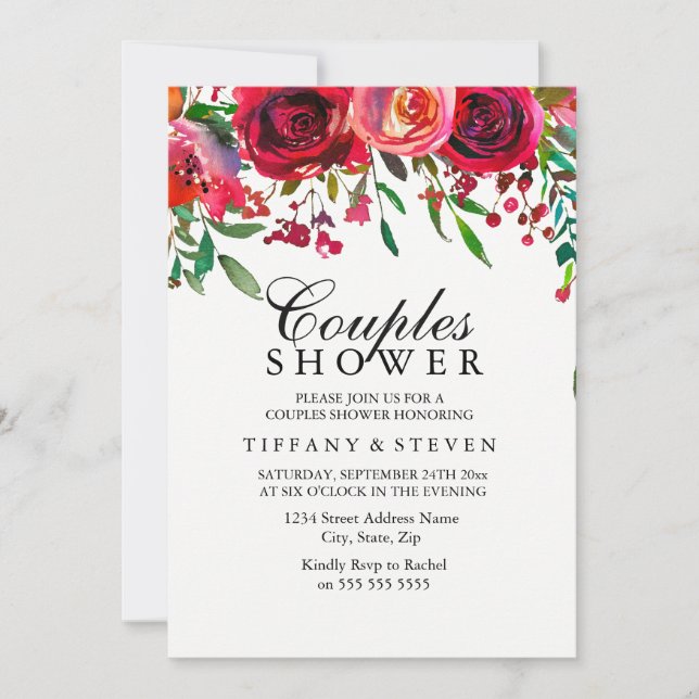 Invitation Elégant Rouge Rose Flower Couples Douche invitatio (Devant)