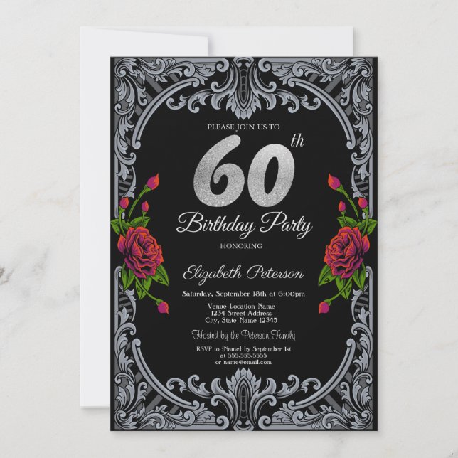 Invitation Élégant rouge roses rayures gothique 60e anniversa (Devant)