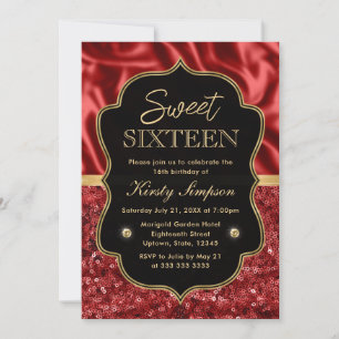 Invitation Elégant Rouge Satin & Parties scintillant Or Frame
