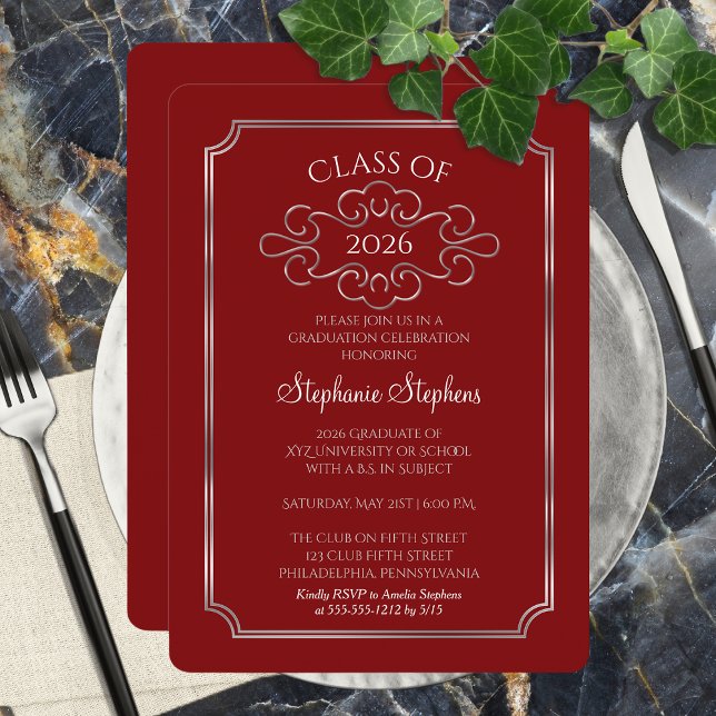 Invitation Élégant rouge | Silver College Graduation Party (Elegant and Classy Formal Red and Silver Tone College Graduation Party Invitation - Print | Digital)