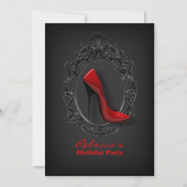 Invitation élégant rouge stiletto moderne girly fête d'annive (Devant)