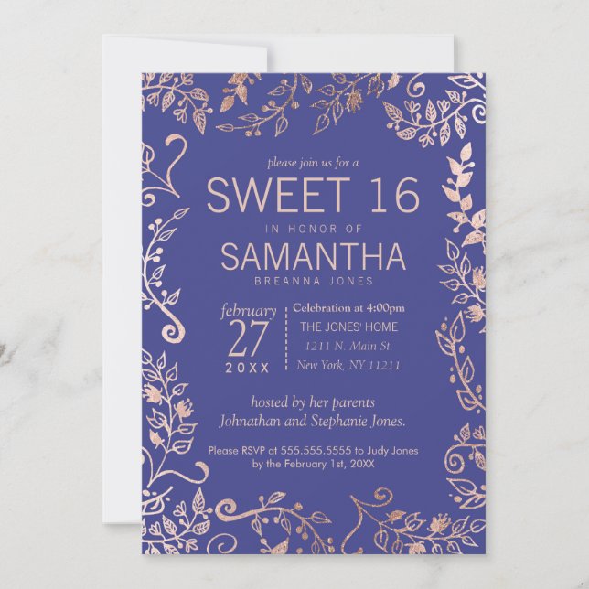 Invitation Elégant Roya Rose bleu or Floral Sweet 16 Invitati (Devant)
