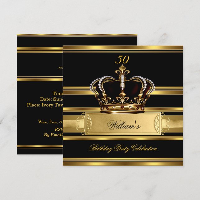 Invitation Elégant Royal Black Gold Anniversaire Prince King  (Devant / Derrière)