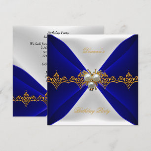 Invitation Elégant Royal Bleu Bijou d'Or Blanc Soie
