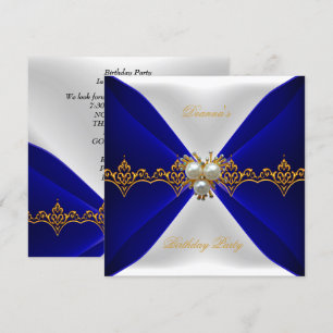 Invitation Elégant Royal Bleu Bijou d'Or Blanc Soie