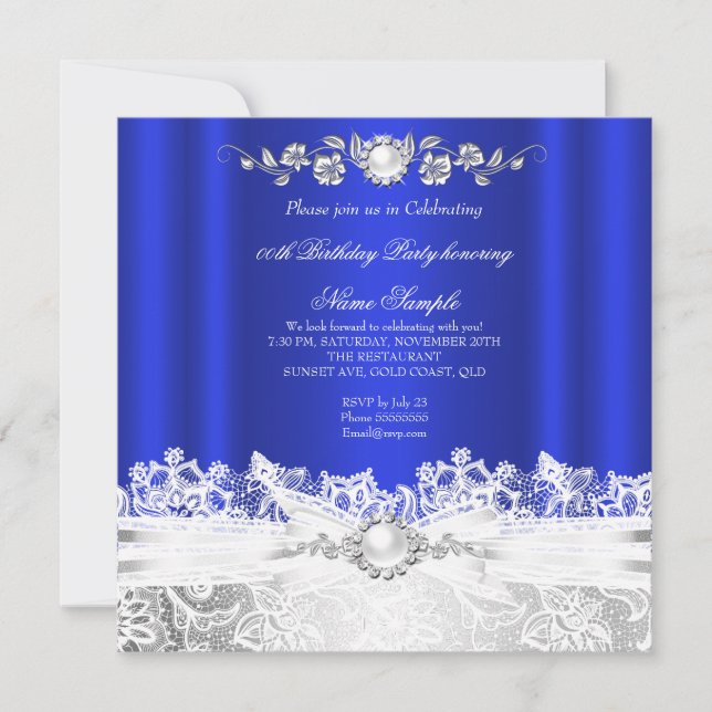 Invitation Elégant Royal Bleu Blanc dentelle Bijou Bow Annive (Devant)