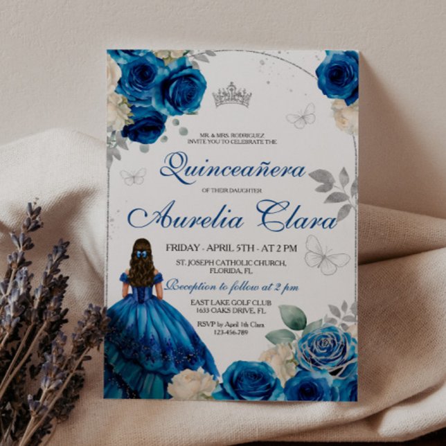 Invitation Elégant Royal Bleu Rose or Quinceanera (Créateur téléchargé)