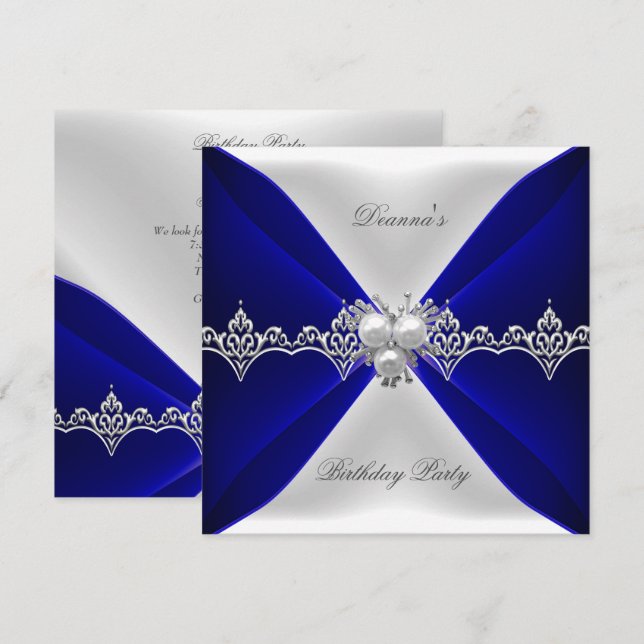 Invitation Elégant Royal Blue Bijou d'anniversaire Blanc Soie (Devant / Derrière)