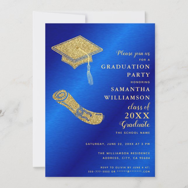 Invitation Élégant Royal Blue et Gold Graduation (Devant)