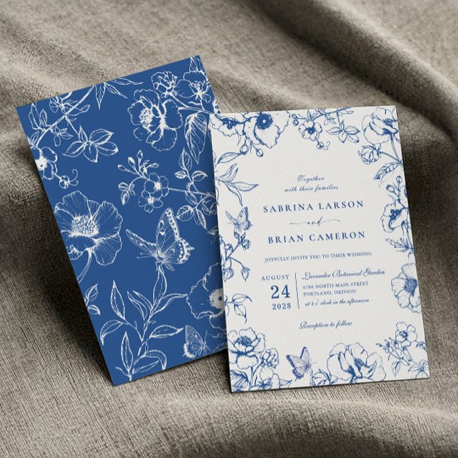 Invitation Elégant Royal Blue Floral Garden Mariage (Créateur téléchargé)