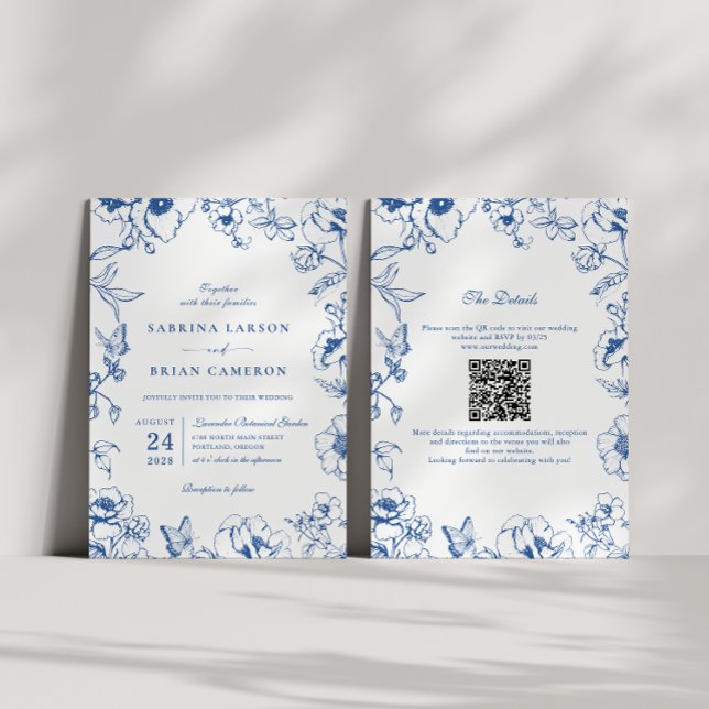 Invitation Elegant Royal Blue Floral Garden QR Code Wedding (Créateur téléchargé)