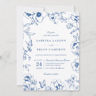 Invitation Elegant Royal Blue Floral Garden Wedding Photo