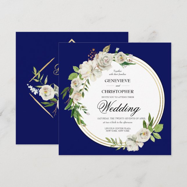 Invitation Elégant Royal Blue Floral Mariage Carré or (Devant / Derrière)