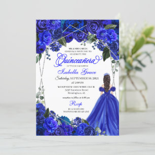 Invitation Elégant Royal Blue Floral Quinceanera Anniversaire