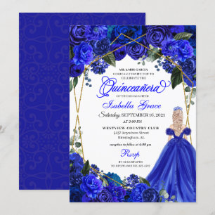 Invitation Elégant Royal Blue Floral Quinceanera Anniversaire