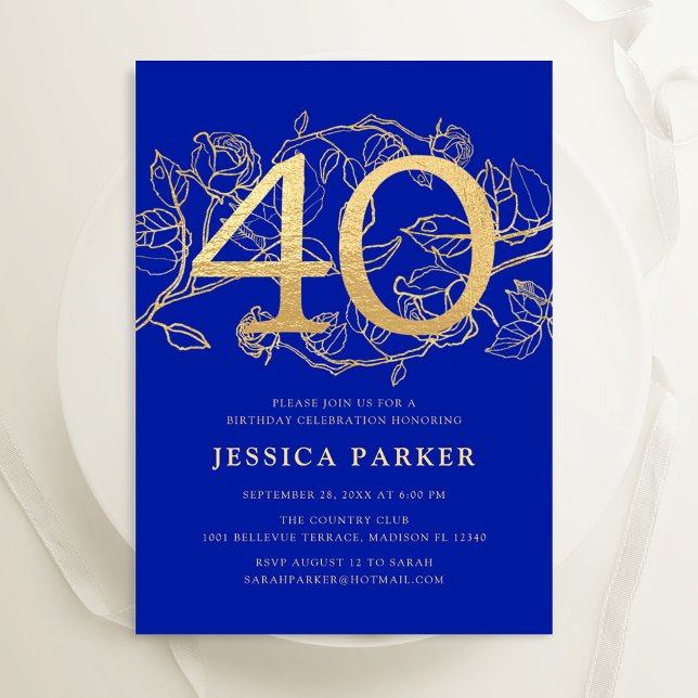 Invitation Elégant Royal Blue Gold 40e anniversaire (Créateur téléchargé)