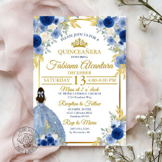 Invitation Elegant Royal Blue & Gold Rose Quinceañera 