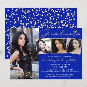 Invitation Élégant Royal Blue Gold Script 4 Photo Gradué