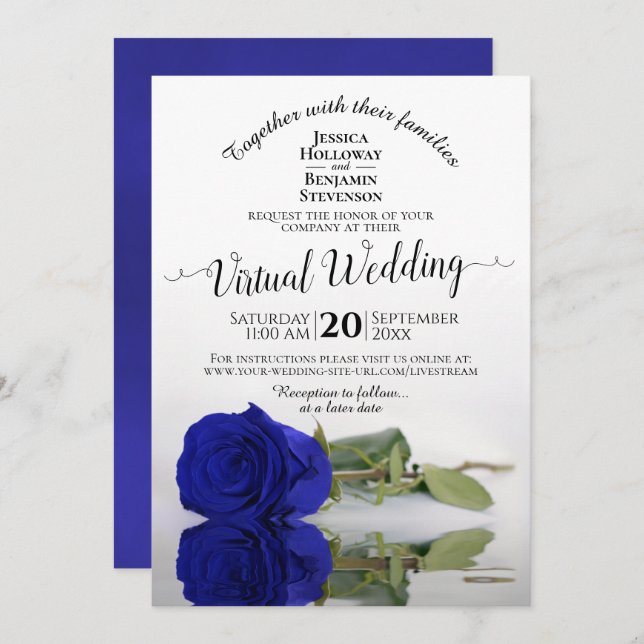 Invitation Elégant Royal Blue Reflet Rose Virtual Mariage (Devant / Derrière)