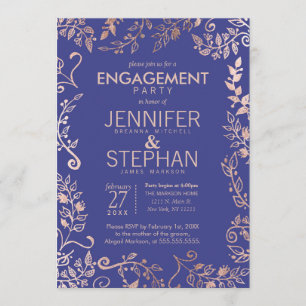 Invitation Elégant Royal Blue Rose Gold Floral Fiançailles