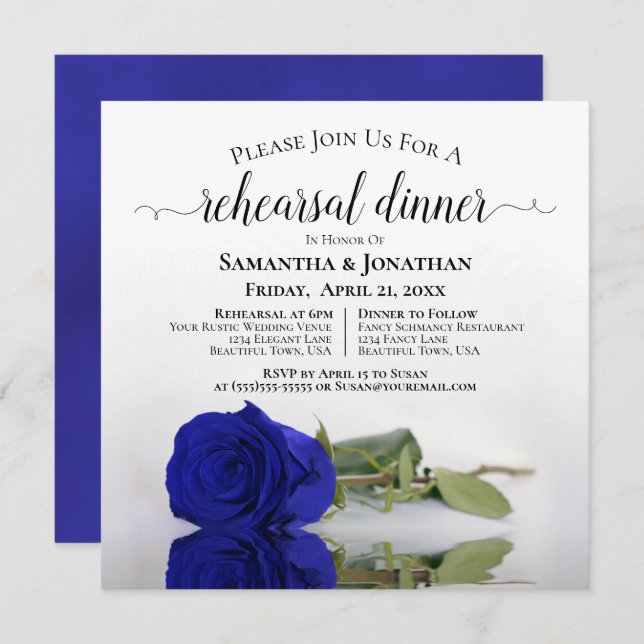 Invitation Élégant Royal Blue Rose Répétition et Dîner Mariag (Devant / Derrière)