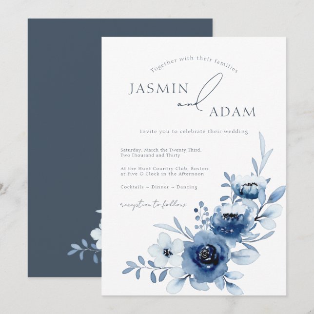 Invitation Elégant Royal Blue Roses Floral Mariage (Devant / Derrière)