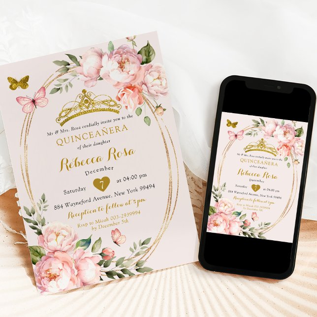 Invitation Elégant Royal Light Rose Gold Butterfly Mis Quince (Créateur téléchargé)
