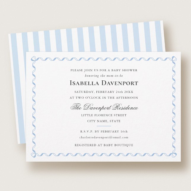 Invitation Élégant ruban bonbon Baby shower rayé bleu (Créateur téléchargé)