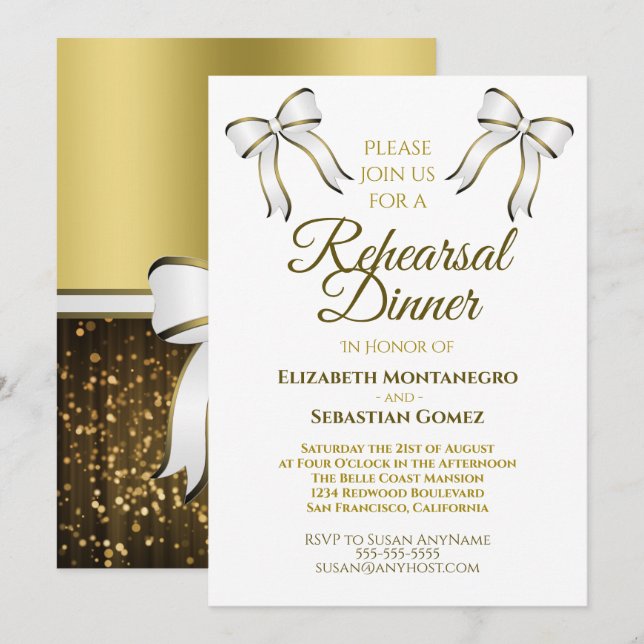 Invitation Élégant Ruban Or & Bow Mariage Dîner de répétition (Devant / Derrière)
