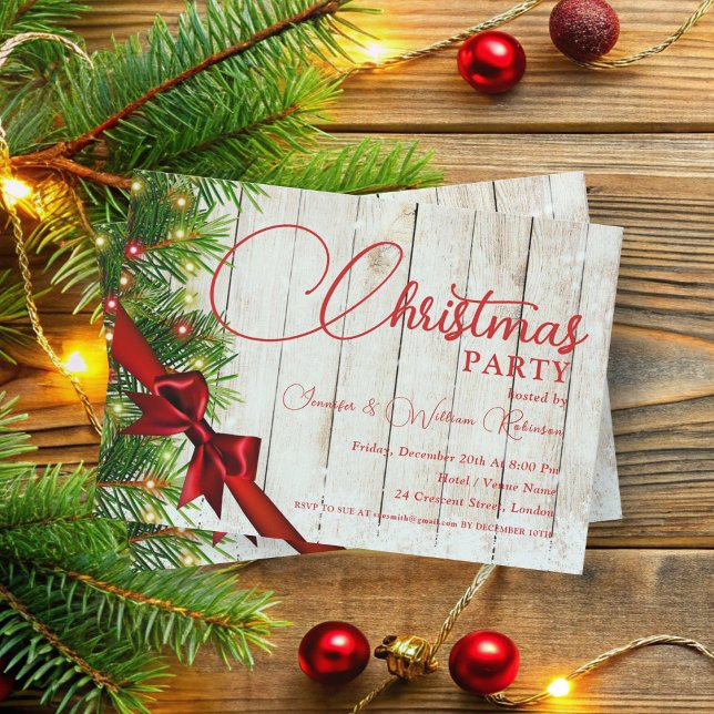 Invitation Élégant Ruban Rustique & Pine Noël (Elegant Rustic Ribbon & Pine Xmas Holiday Invitation)