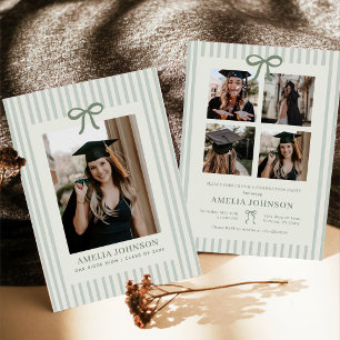 Invitation Élégant Ruban Vert Rayé Photo Diplôme