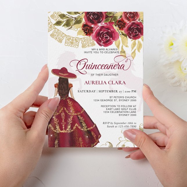 Invitation Elégant Ruby Floral Red Horse Quinceañera (Créateur téléchargé)