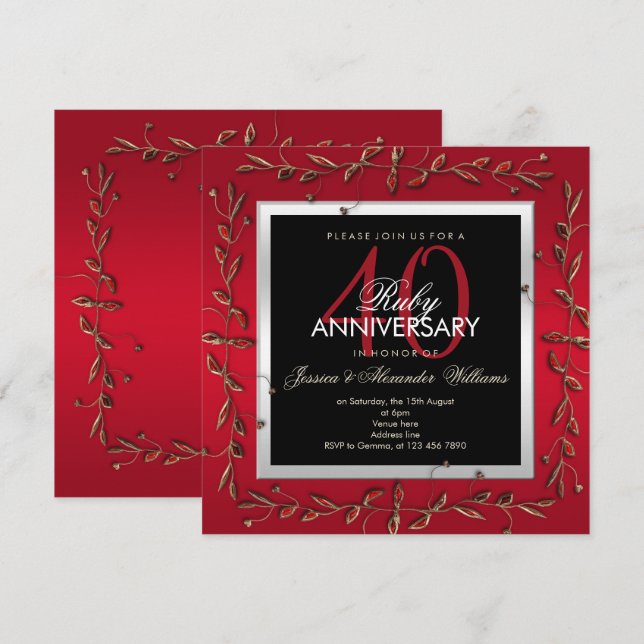 Invitation Elégant Ruby Gemstones 40e anniversaire de Mariage (Devant / Derrière)