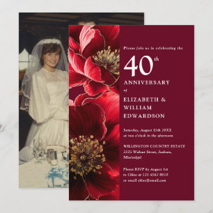 Invitation Elégant Ruby Red Floral 40e anniversaire Photo