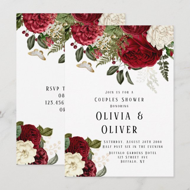 Invitation Elégant Ruby Red Peonies Couples Douche (Devant / Derrière)