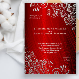 Invitation Élégant Ruby Red Silver Grey Swirls Mariage