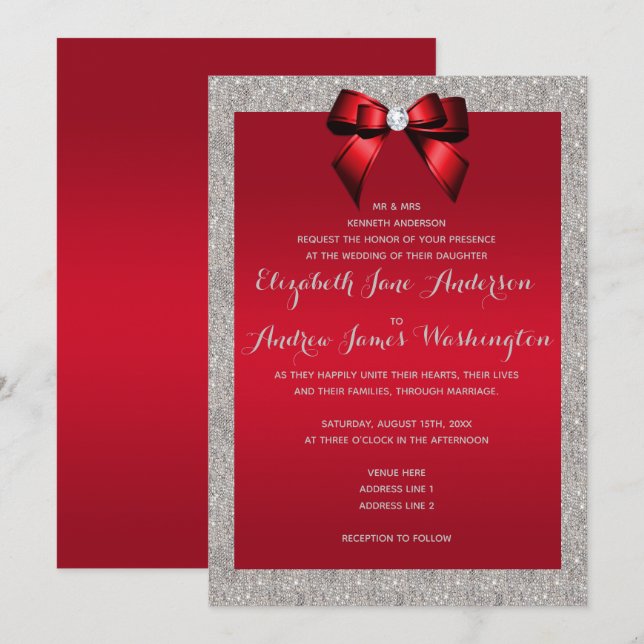 Invitation Elégant Ruby Red & Silver Parties scintillant Mari (Devant / Derrière)