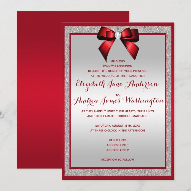 Invitation Elégant Ruby Red & Silver Parties scintillant Mari (Devant / Derrière)